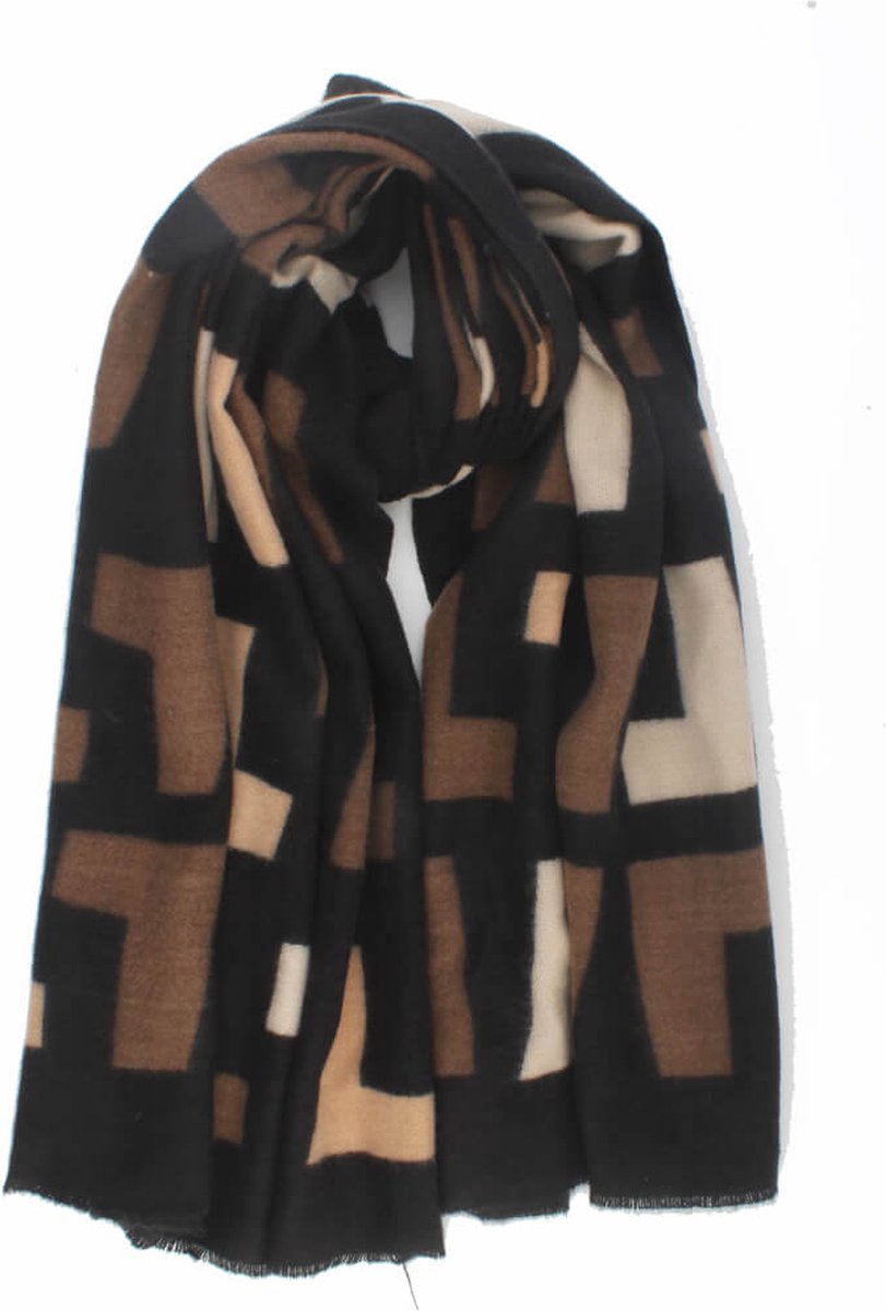 Sabrina scarf- Viscose- Omslagdoek- Cosy chic- Luxe cadeau- Sjaal met geografische prints-Sjaal dames- Herfst sjaal- Vrouwen- Travel scarf- Stola- Zwart chocolade bruin zand