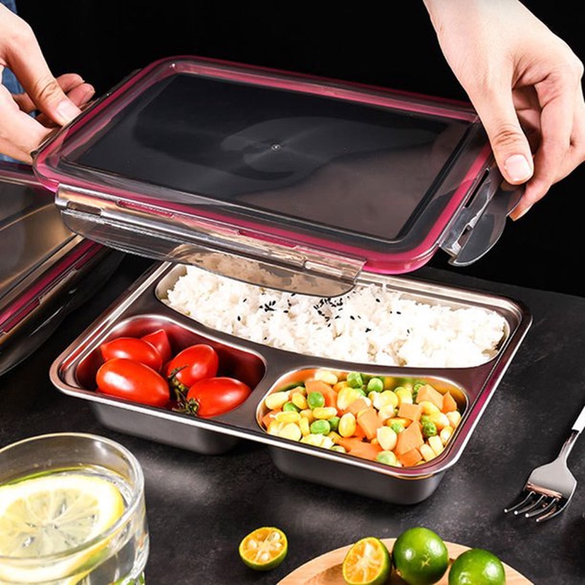 Lunchbox - Meal prep bakjes - Lunchbox Met Deksel - Meal Prep – bento box - Lunchtrommel - 3 Compartimenten Bento