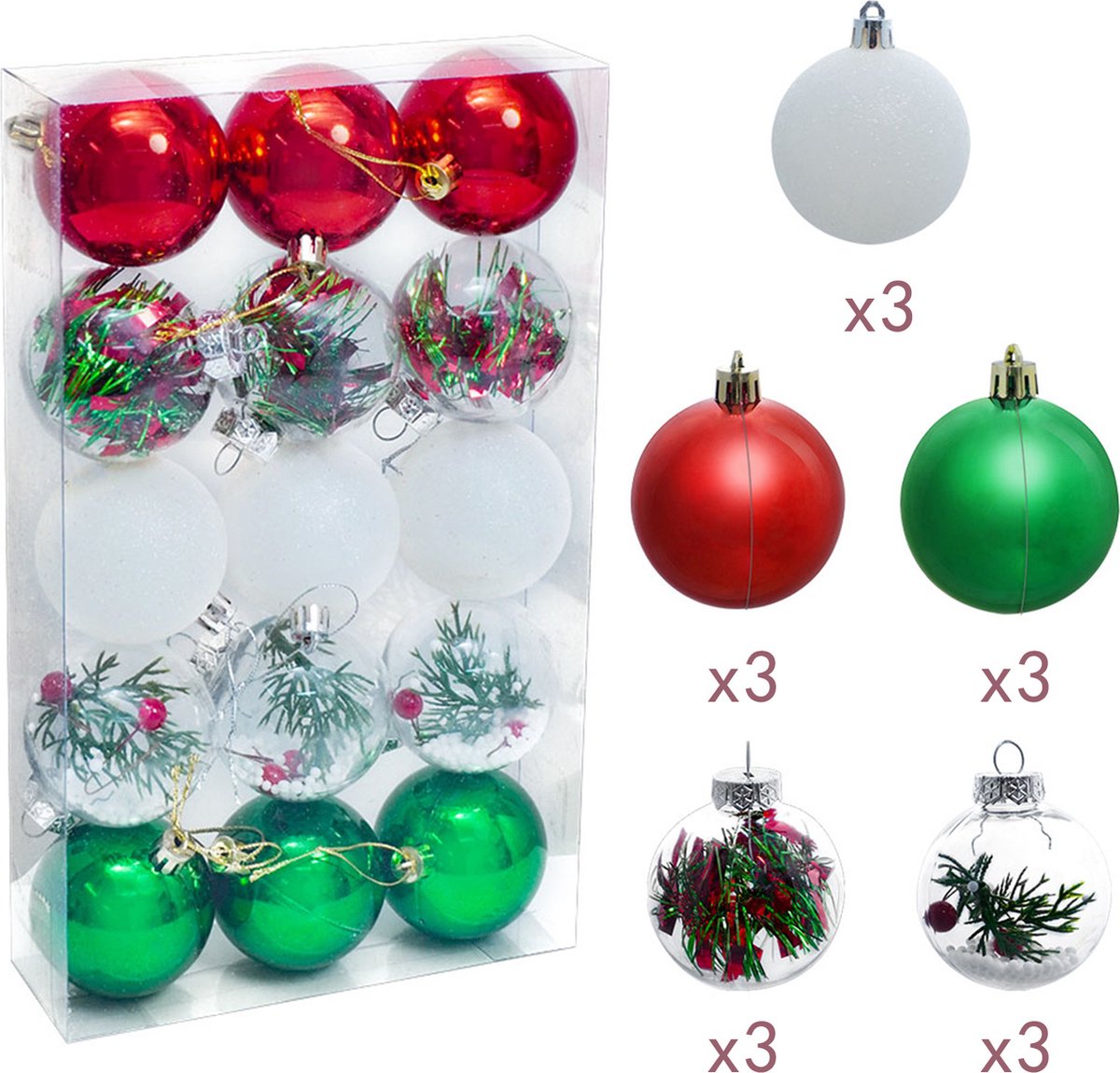 Uten - Kerstballen Plastic - kerstboom versiering - Christmas Gifts - kerstballen set - 15 stuks - kerstboom ballen - Ø6cm - Roze x 3 - wit x 3 - Groen x 3 - transparant x 6