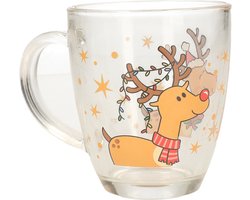 Kerst mok/beker - met rendier - glas - 300 ml - kerstbekers - kerstartikelen