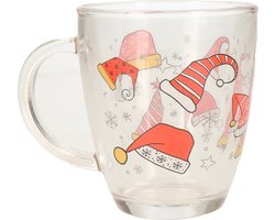 Kerst mok/beker - met kerstmutsen - glas - 300 ml - kerstbekers - kerstartikelen - thee/koffie mok - chocolademelk mok
