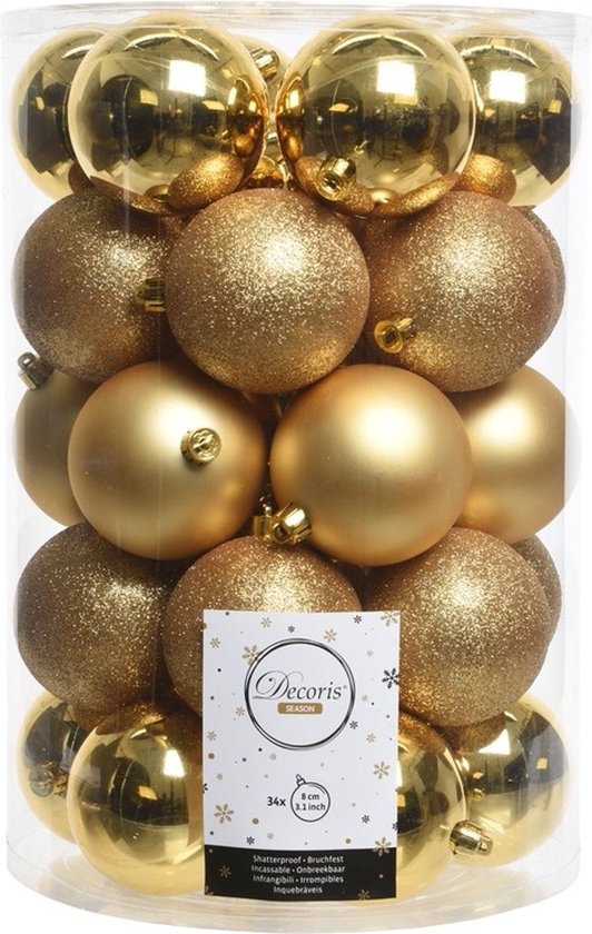 Boules de Boules de Noël 8 cm - avec guirlande de perles 10 m - or - plastique
