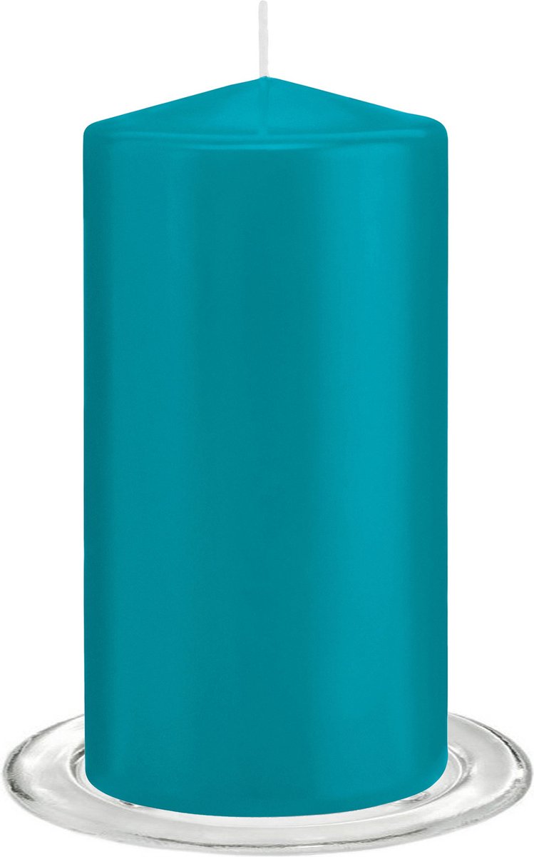 Trend Candles - Stompkaarsen met glazen onderzetters set van 2x stuks turquoise blauw 8 x 15 cm