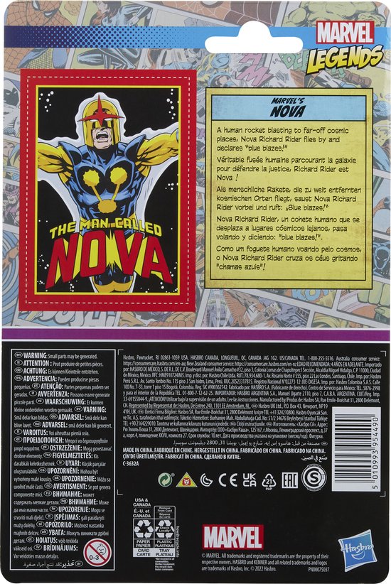 Marvel Legends Nova actiefiguur in retro verpakking. Nova draagt een blauw pak met gele accenten en een geel masker.