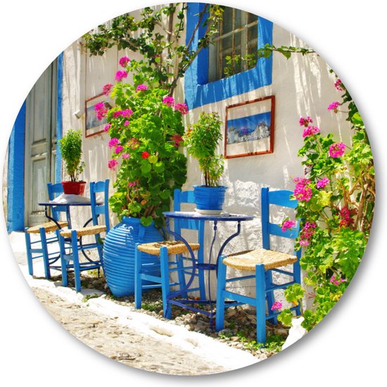 Traditioneel Griekenland - taverna's op straat - Muurcirkel 40cm - Wandcirkel voor buiten - Aluminium Dibond - Bloemen