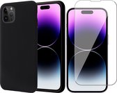 Hoesje geschikt voor iPhone 14 Pro Max - Matte Back Cover Microvezel Siliconen Case Hoes Zwart - Tempered Glass Screenprotector