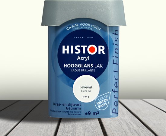 Histor Acryl Hoogglans lak in Leliewit, 0,75 liter, op waterbasis.