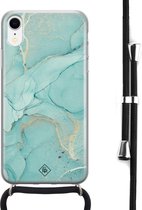 Casimoda® hoesje met koord - Geschikt voor iPhone XR - Marmer mint groen - Afneembaar koord - Siliconen/TPU - Mint