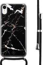 Casimoda® hoesje met koord - Geschikt voor iPhone XR - Marmer Zwart - Afneembaar koord - Siliconen/TPU - Zwart