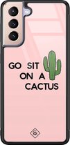 Casimoda® hoesje - Geschikt voor Samsung Galaxy S21 - Go Sit On A Cactus - Luxe Hard Case Zwart - Backcover telefoonhoesje - Roze