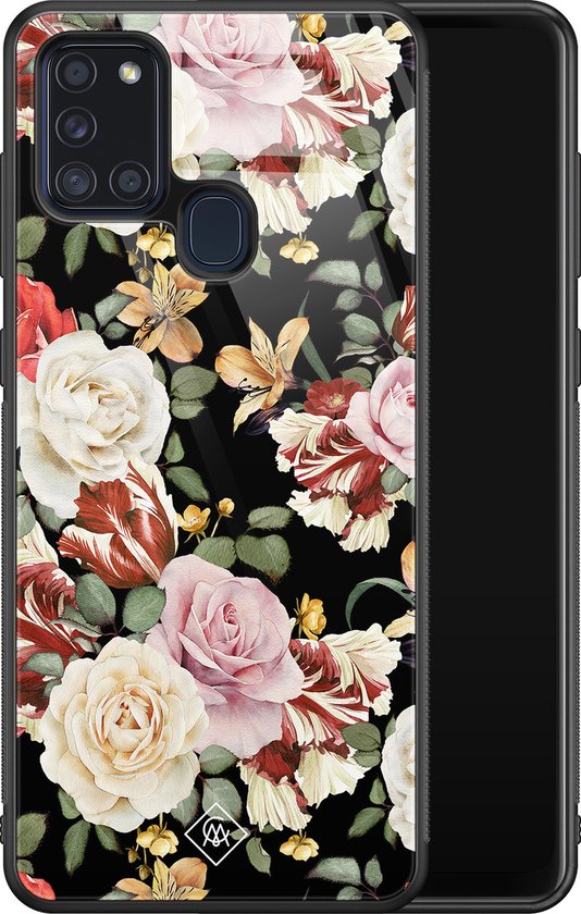Coque en verre Samsung Galaxy A21s - Flowerpower - Multi - Hard Case Zwart - Coque arrière pour téléphone - Fleurs - Casimoda