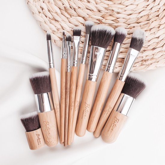 Foto: Set van 11 duurzame make up kwasten met opbergzakje make up kwasten set make up brush oogschaduw foundation kwast poeder kwast brush make up cosmetica kwasten set inclusief make up zakje