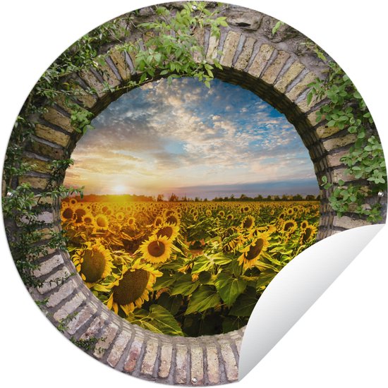 Tuincirkel Zonnebloemen - Doorkijk - Bloemen - Zon - 90x90 cm - Ronde Tuinposter - Buiten