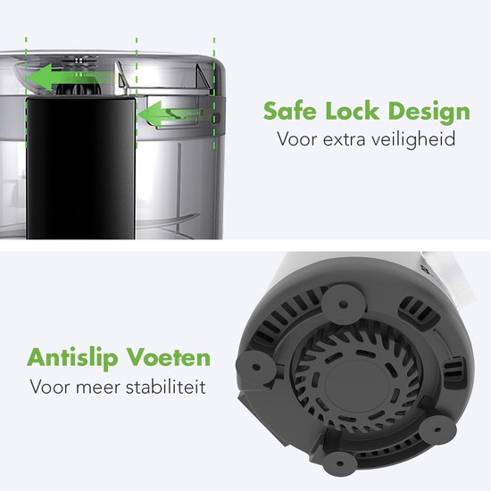 Sluiting met veilige vergrendeling en antislip voeten voor extra veiligheid en stabiliteit.