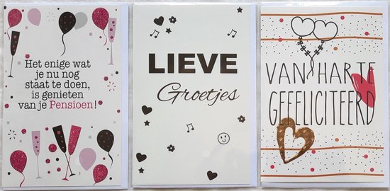 3 Wenskaarten - Pensioen + Van Harte Gefeliciteerd + Lieve Groetjes - 12 x 17 cm – PEN-303