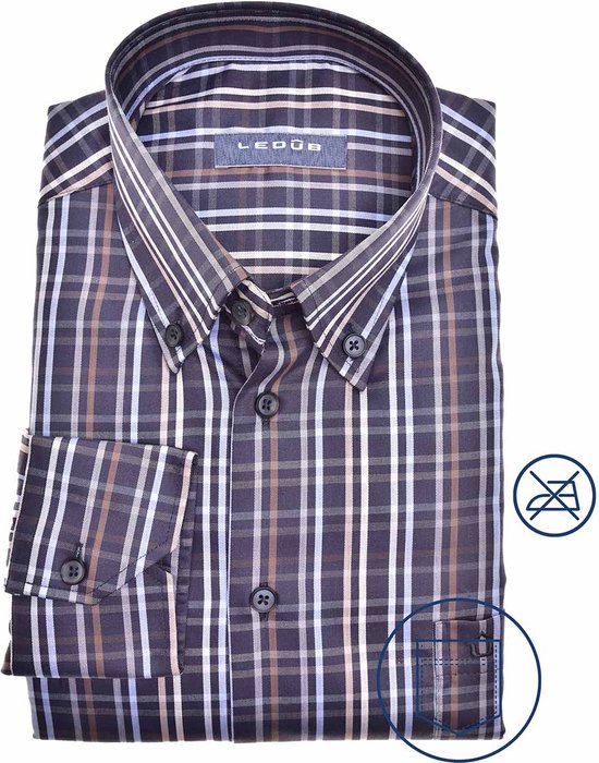 Ledub modern fit overhemd - donkerblauw - Strijkvrij - Boordmaat: 40