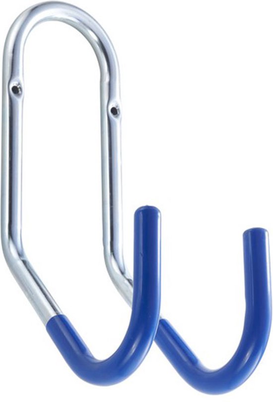 Zilverkleurige dubbele haak met blauwe uiteinden op een witte achtergrond.