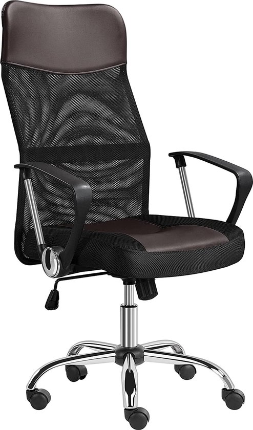 Bureaustoel, ergonomische bureaustoel, computerstoel, 360° draaistoel met armleuningen, executive stoel met hoofdsteun, hoge rugleuning van netstof, voor kantoor of thuiskantoor, bruin