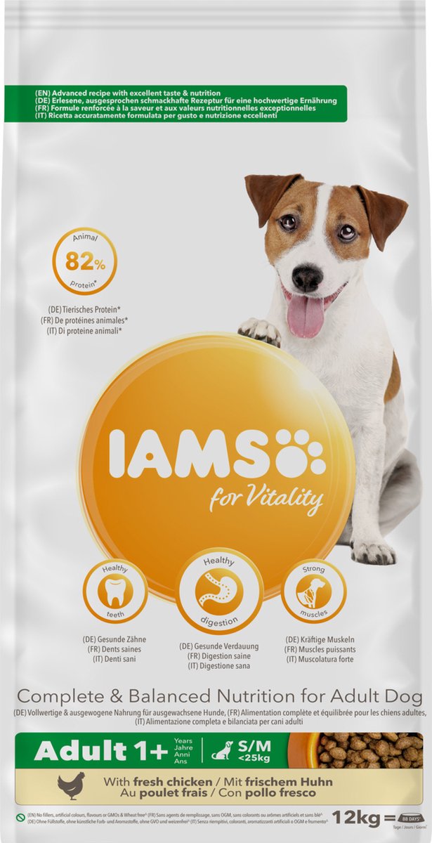 12kg for Vitality Dog Adult Small Medium Kip IAMS Hondenvoer