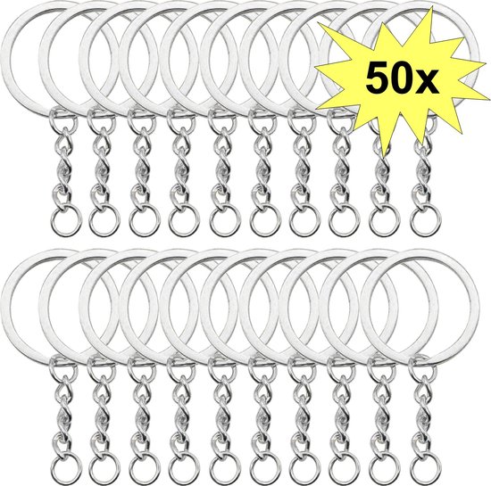 Fako Bijoux - Sleutelringen Met Ketting - Sleutelhanger Ringen - Splitringen Met Ketting - RVS - Plat - 30 mm - 50 Stuks