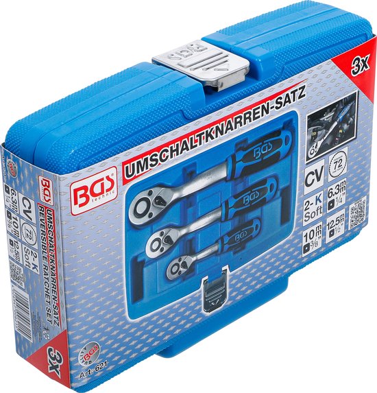 Boîtier bleu BGS avec 3 cliquets, inscription "UMSCHALTKNARREN-SATZ" et "BGS technic".