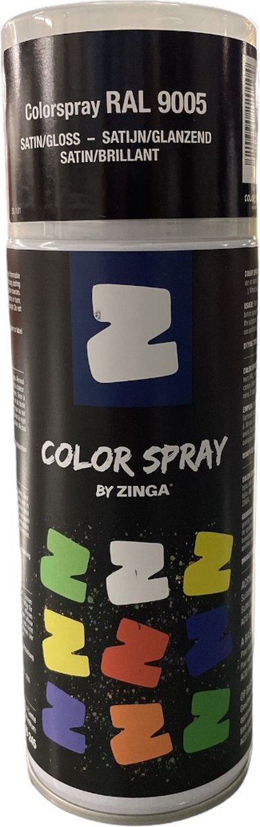 Zinga Color Spray verf - coating - RAL 9005 Zwart 400 ml satijn, toepasbaar op gegalvaniseerde en diverse andere ondergronden