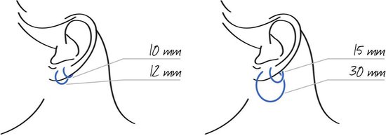 Illustratie van oorbellen in het oor in maten 10mm, 12mm, 15mm en 30mm.