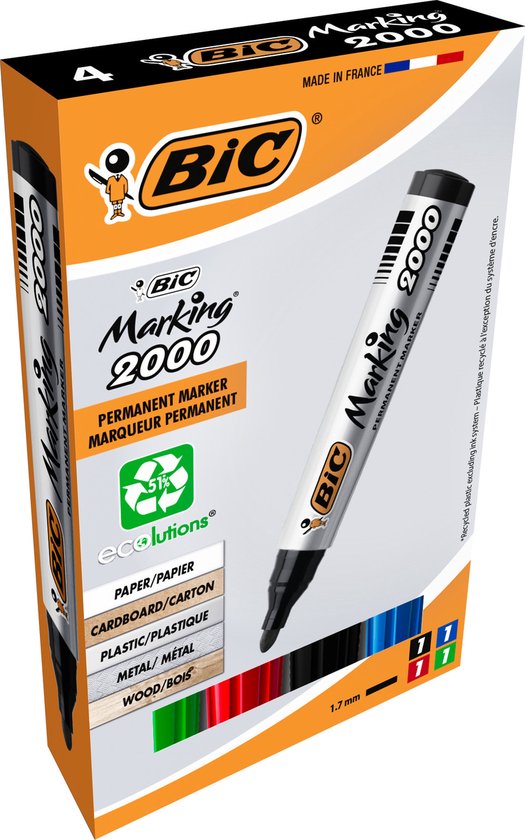 BIC Marking 2000 ECOlutions Permanente Markers Medium Kogelpunt - Verschillende Kleuren - Pak van 4 Stuks