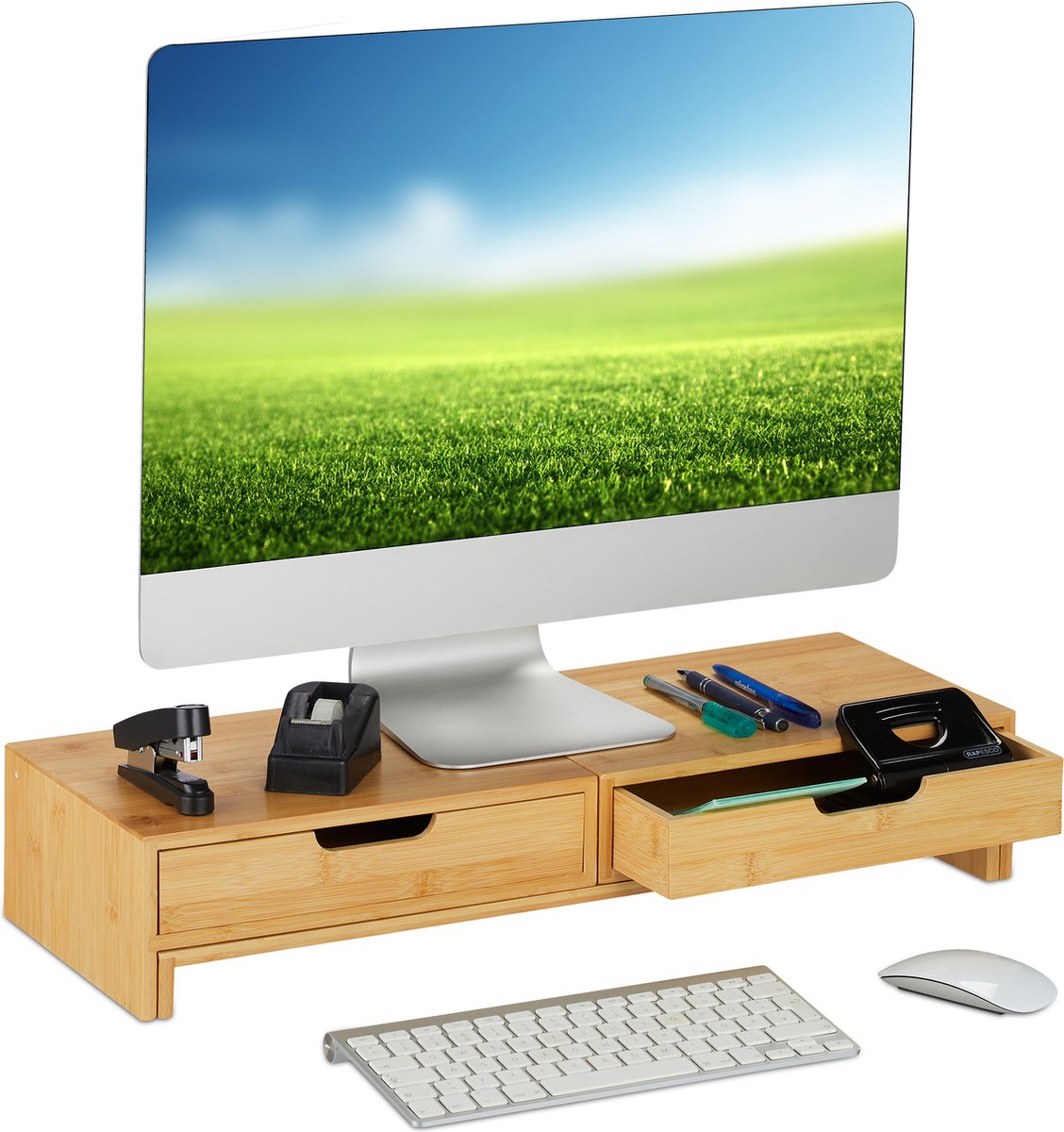 Relaxdays monitorstandaard voor 2 monitoren - verstelbaar - beeldschermverhoger bamboe