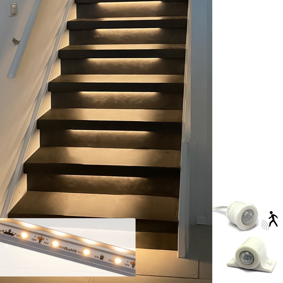 Trapverlichting led bewegingssensor set - Led strips 50 cm met warm wit licht - Set in aluminium profiel voor max. 16 treden
