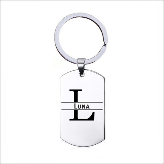 Porte-clés en acier inoxydable avec 'L' et 'Luna' gravés.