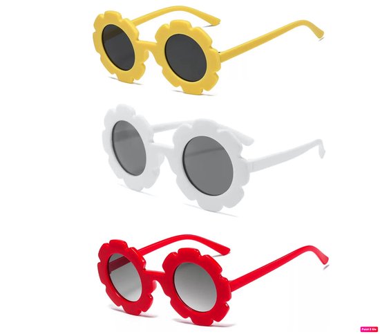 Babycure kids zonnebril | Rood, Wit, Geel | 3 kleuren brillen | Hippe flower sunglass | Stoer voor kinderen