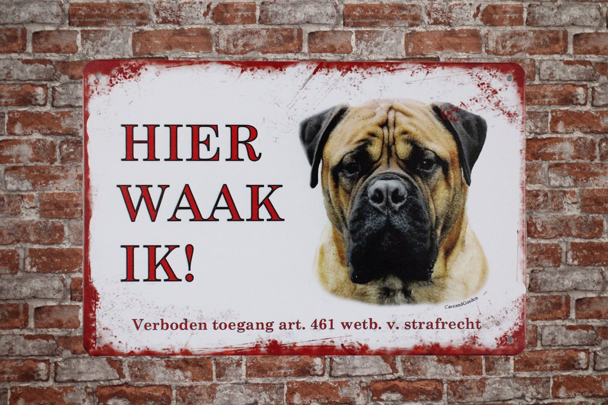 Cave & Garden Wandbord - Hier waak ik Bulls Mastif - Metalen wandbord - Mancave - Mancave decoratie - Metalen borden – Honden - Metal sign - Bar decoratie - Tekst bord - Wandborden - Wand Decoratie - Metalen bor bruin