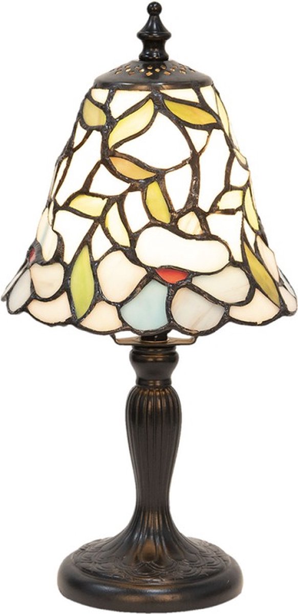 Tiffany Tafellamp Ø 16*31 cm Beige Geel Glas Kunststof Bloemen Tiffany Bureaulamp Tiffany Lampen Glas in Lood