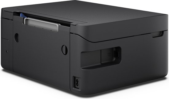 Zijaanzicht van de zwarte Epson printer met de poorten aan de achterkant zichtbaar.