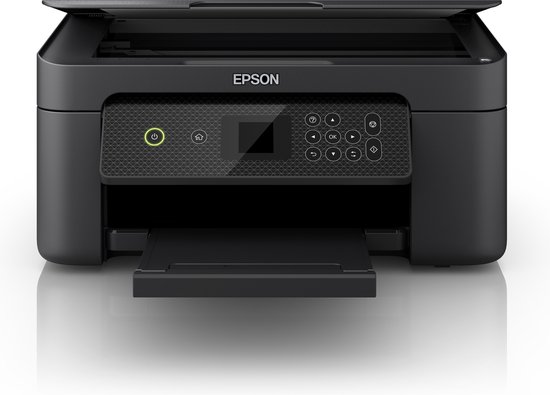 Zwarte Epson printer met open scannerdeksel, display en uitgeschoven papierlade.