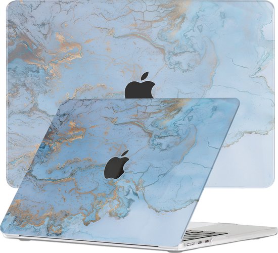 MacBook Air 13 pouces avec coque à motif marbre bleu et doré, montrant le dessus et le dessous.