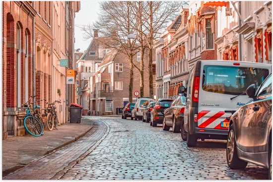 WallClassics - Poster Glanzend – Geparkeerde Auto's in Stadje - 60x40 cm Foto op Posterpapier met Glanzende Afwerking