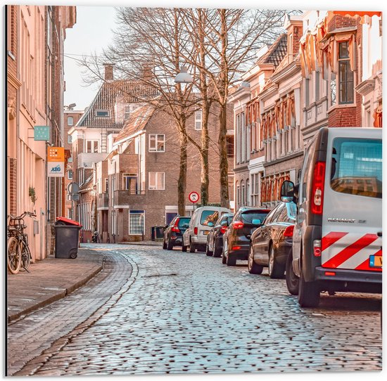 WallClassics - Dibond - Geparkeerde Auto's in Stadje - 50x50 cm Foto op Aluminium (Met Ophangsysteem)