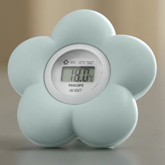 Lichtgroene Philips Avent bloemvormige thermometer. Toont 18.0°C.