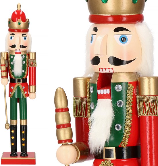 Springos Notenkraker Kerst | Houten Soldaat | Kerstversiering | Groen/Rood/Goud/Zwart | 61 cm