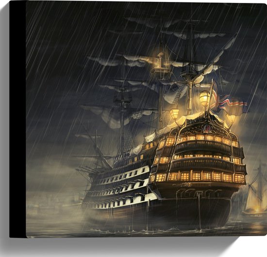 WallClassics - Canvas  - Groot Schip op Zee in Storm - 30x30 cm Foto op Canvas Schilderij (Wanddecoratie op Canvas)