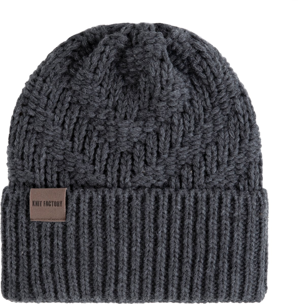 Knit Factory Sally Gebreide Muts Heren & Dames - Beanie hat - Antraciet - Grofgebreid - Warme donkergrijs Wintermuts - Unisex - One Size
