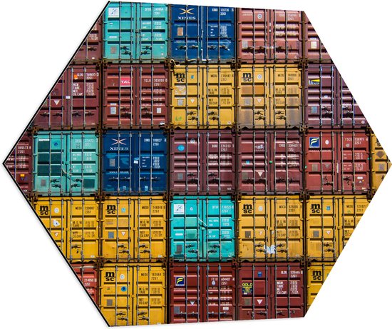 WallClassics - Dibond Hexagon - Opgestapelde Zeecontainers - 70x60.9 cm Foto op Hexagon (Met Ophangsysteem)