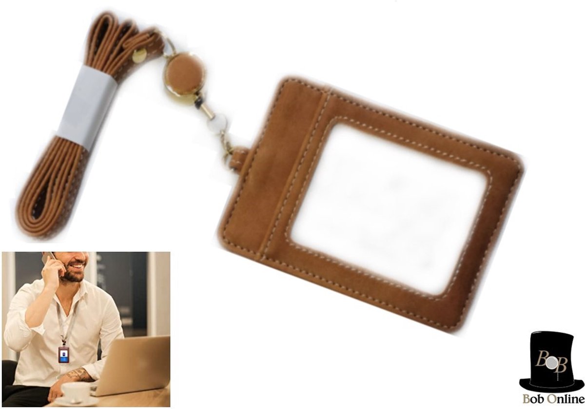 Bob Online ™ - 1 Stuk - Verticaal - Kunstleer – ID-badgehouder met Intrekbare Lanyard – 2 Kaartsleuven – PVC Lederen ID-Kaarthouder – Easy Swipe ID-houder voor werk-ID, Treinkaart en/of toegangspasje – PVC Leather ID Badge Holder & Yoyo Layard