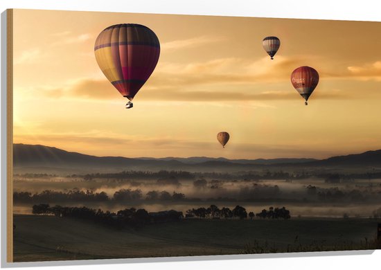 WallClassics - Hout - Luchtballonen Zwevend boven Open Veld - 120x80 cm - 12 mm dik - Foto op Hout (Met Ophangsysteem)