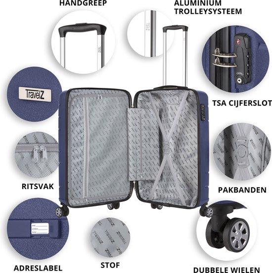 TravelZ Big Bars Handbagage koffer 55cm met TSA-slot - 35 Ltr Lichtgewicht reiskoffer - Blauw - Travelz