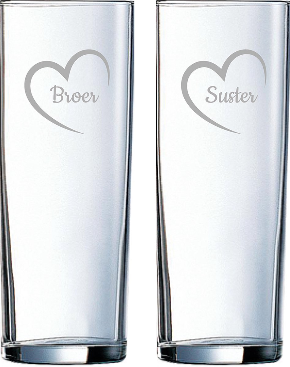 Gegraveerde longdrinkglas 31cl Broer mei hert & Suster mei hert
