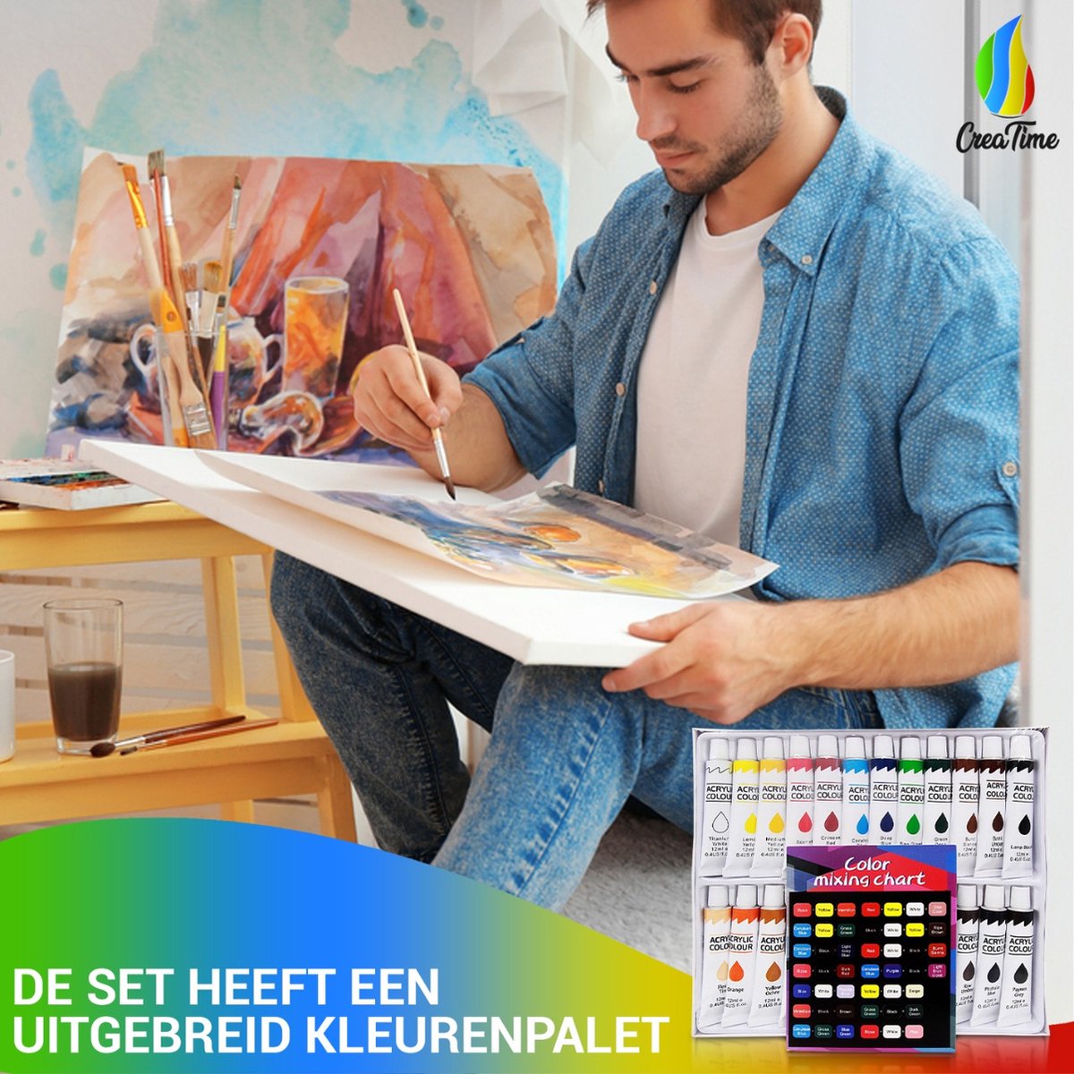Set Acrylverf 24 Tubes Kleuren Schilder Hobby Verf Voor Volwassenen en Kinderen Kinderverf Voor Knutselen Plakkaatverf Glasverf — afbeelding 2