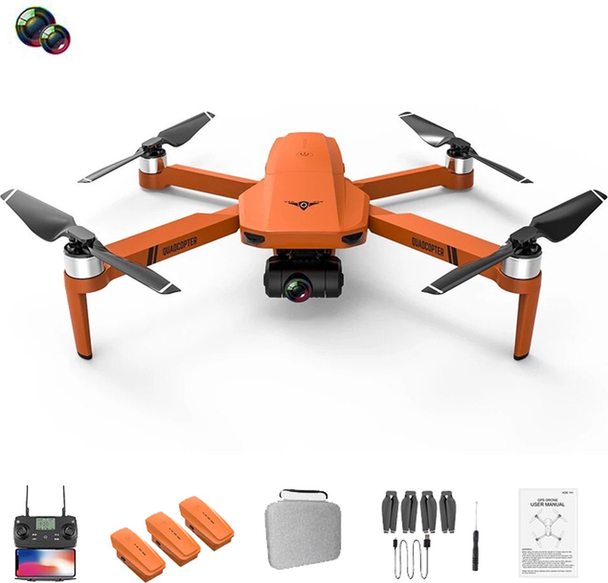 Brandie® - Drone Met Camera Voor Volwassenen - Mini Drone - Wifi FPV Drone - 8K HD - Opvouwbare Hoogte Houder - 8K Oranje Tas 32G 3B - Wisselende Camera's - Maat 28,5*23,5*7 CM - Gewicht 500G - KF102 - Oranje - Drone Voor Cadeaus